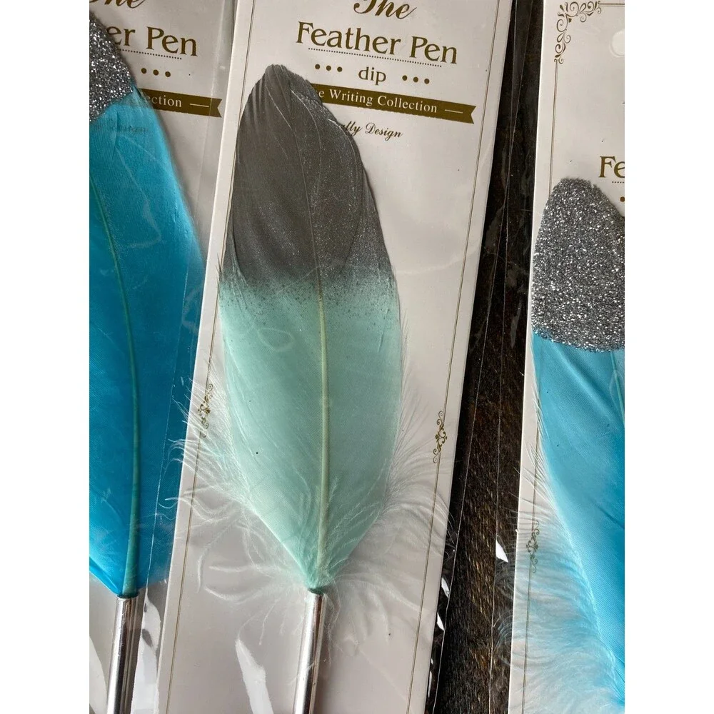 6 Pk Feather Teal & Blue Decorated Ballpoint Pens Black Ink Guest Book Wedding